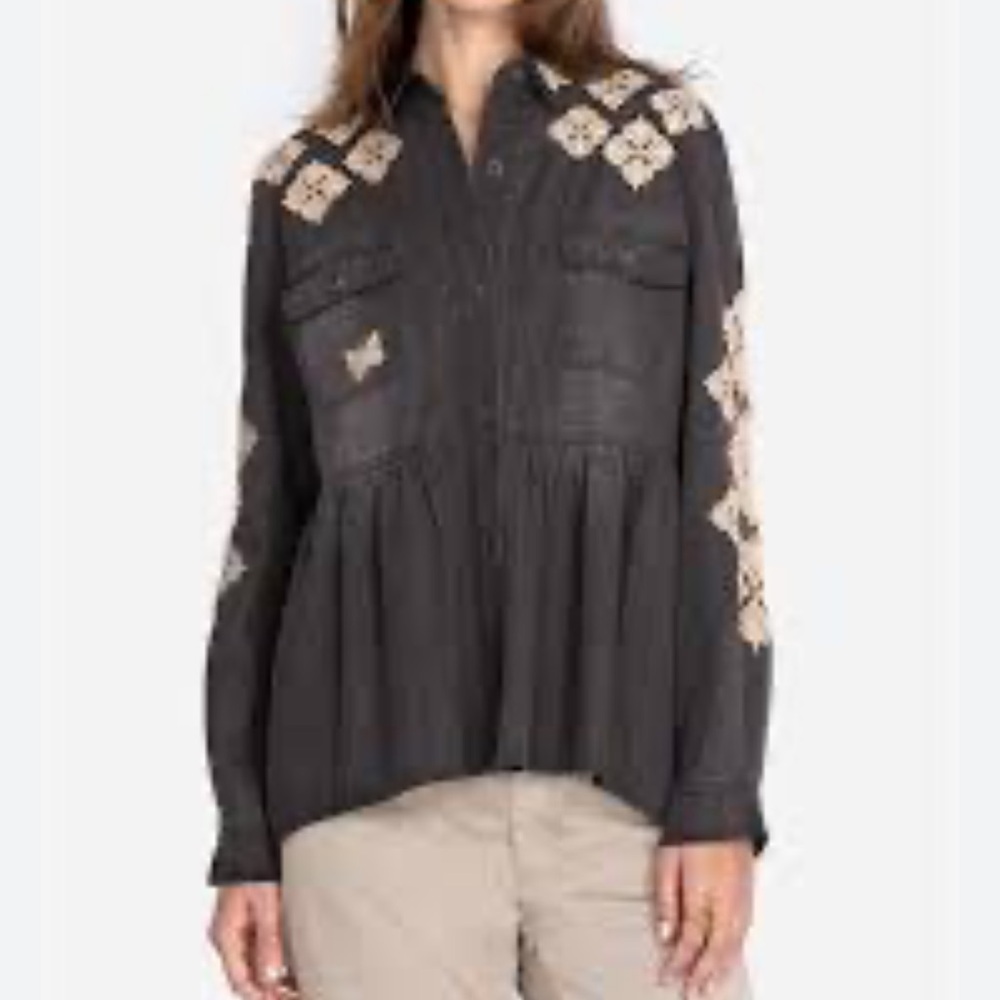 Johnny Was Nichelle Button Down Shirt with Cream Embroidery